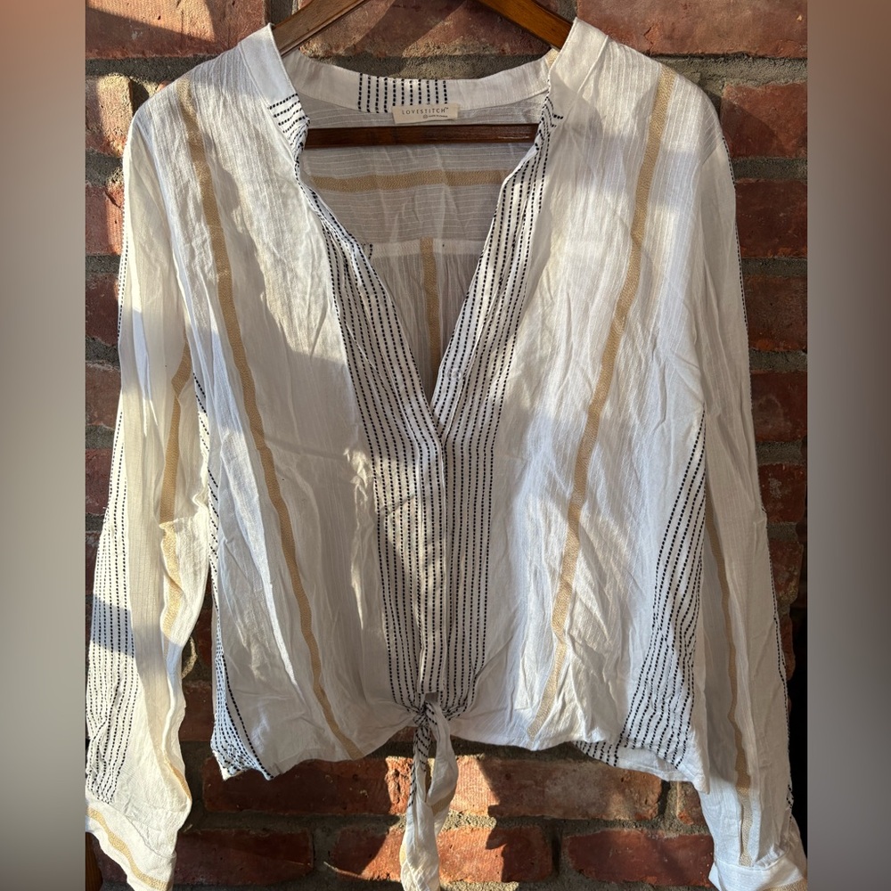 100% Cotton Striped Tie-Front Blouse - White and Tan